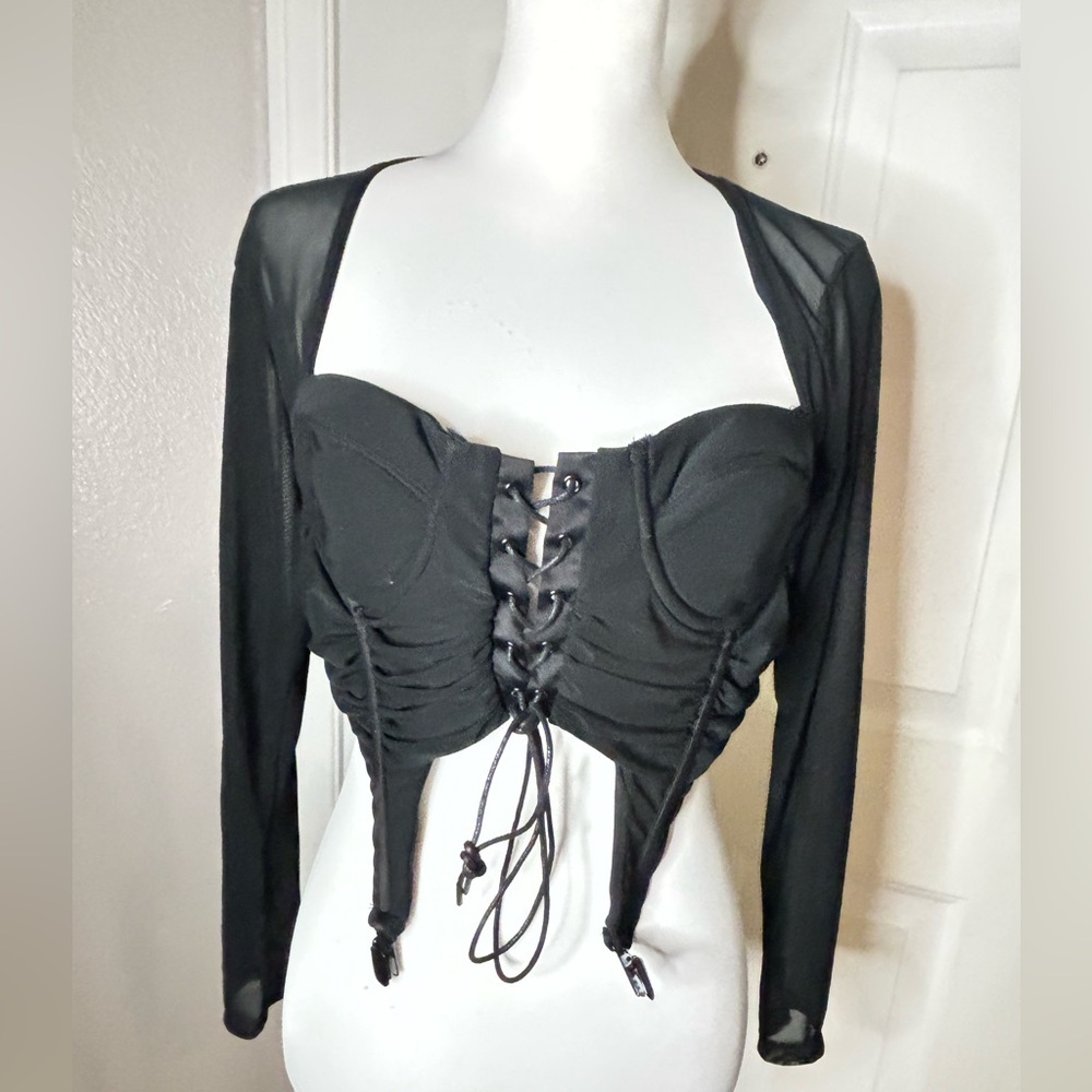 Darker Wavs | filter garter clip corset crop top | size large in black | NWoT